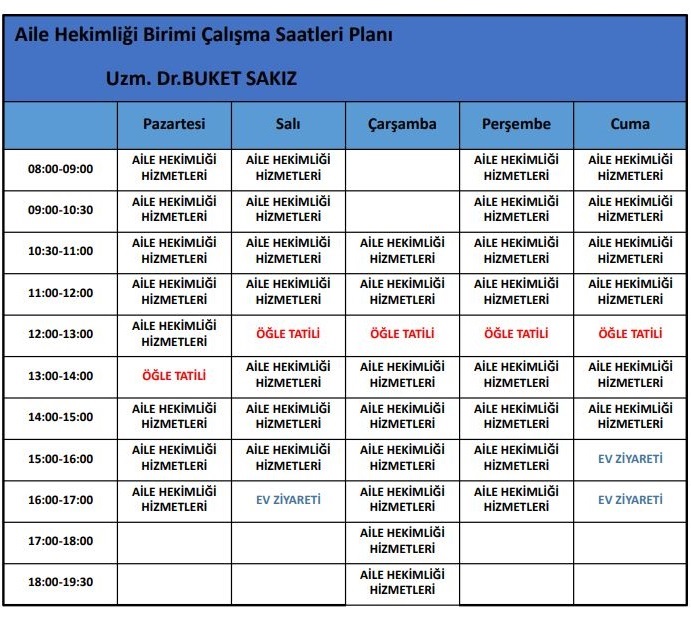 Uzm. Dr. Buket Sakız Çalışma Planı