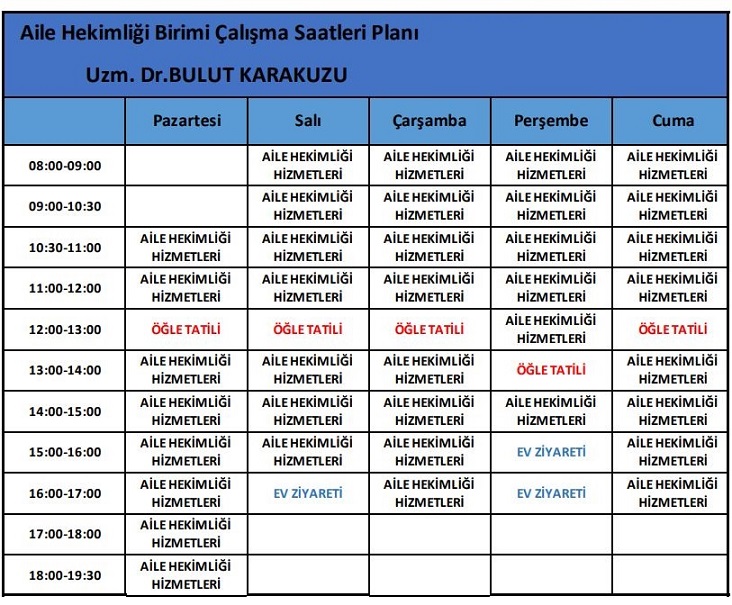 Uzm. Dr. Bulut Karakuzu Çalışma Planı