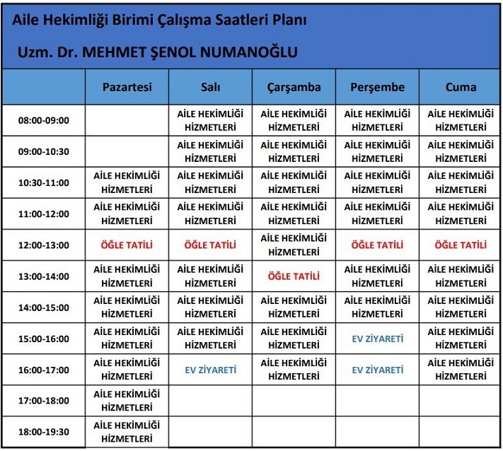 Dr. Mehmet Şenol Numanoğlu Çalışma Planı